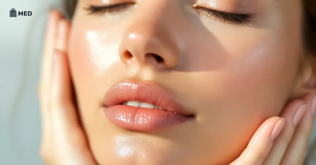 Close-up of healthy, glowing facial skin with a natural shine
