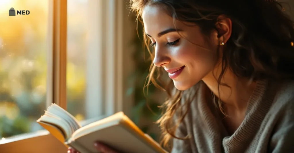 Woman reading a book near a sunlit window, representing vision and eye health