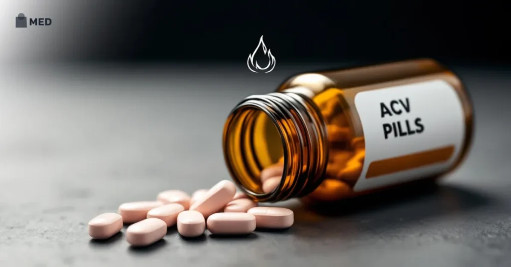 Apple cider vinegar pills spilled from a bottle, showing potential side effects of ACV supplements.