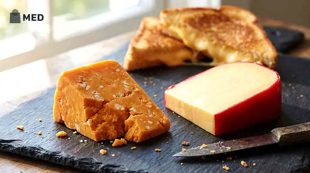 Hard cheese blocks on a cutting board, ideal for grating.