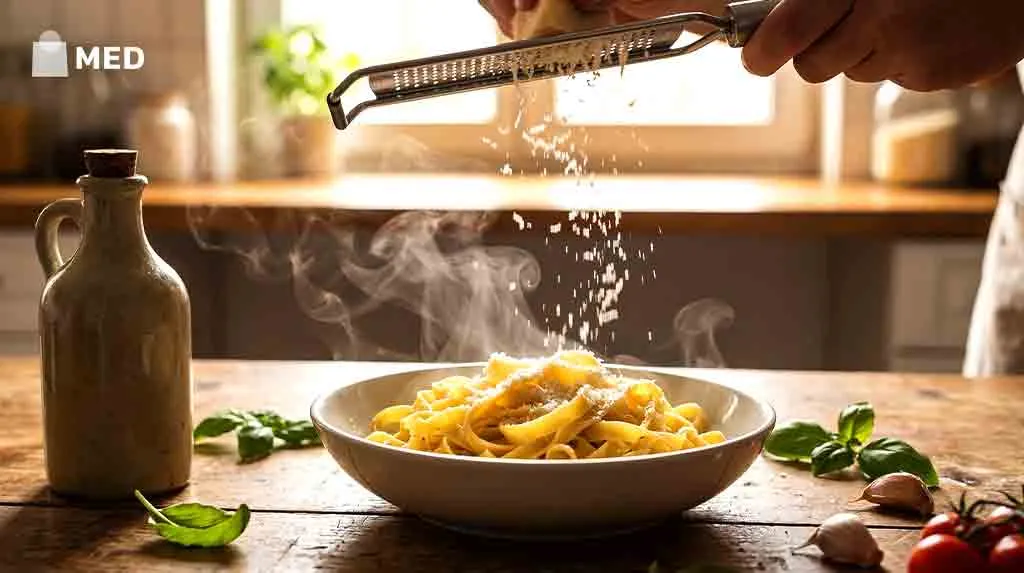 Grated hard cheese sprinkled over hot pasta.