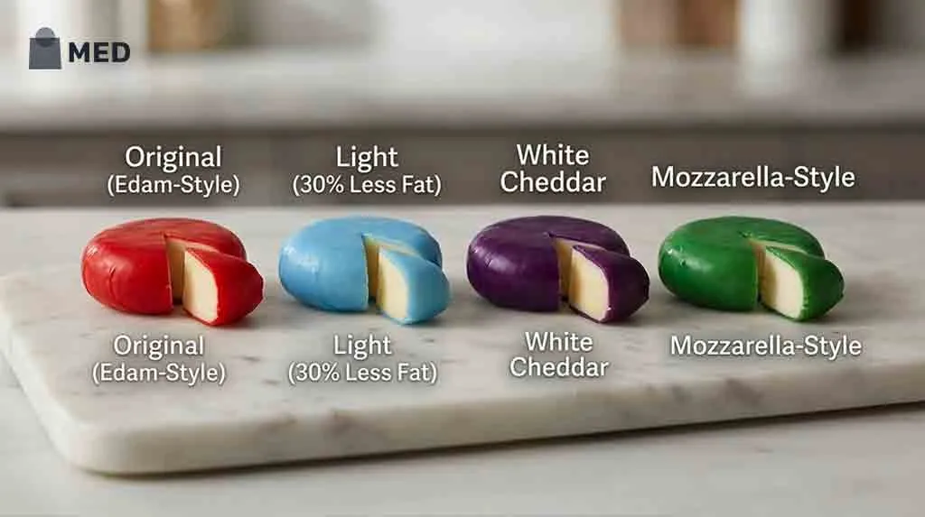 Different Babybel cheese types shown by colored wax coatings.
