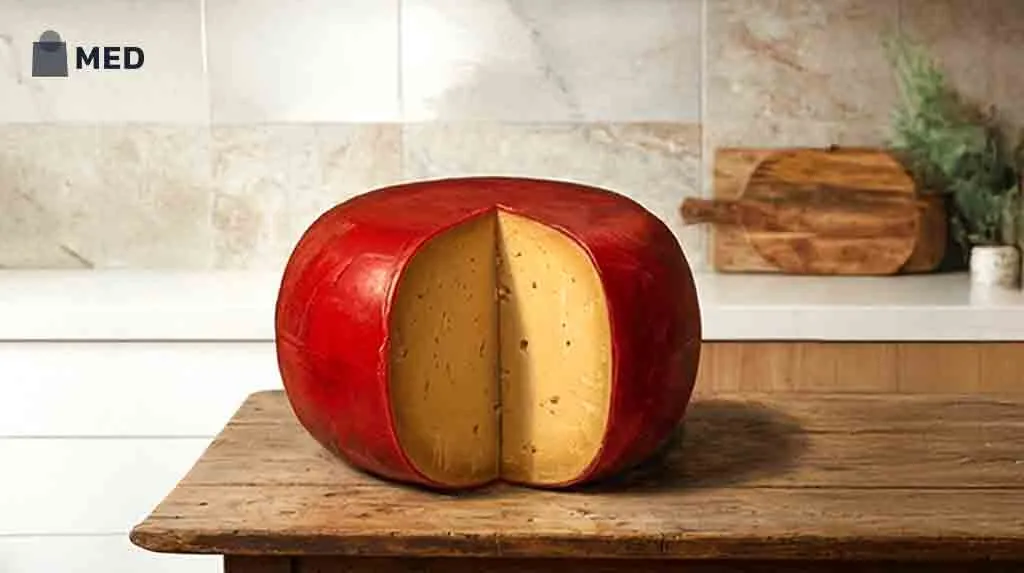 Round red-wax cheese wheel cut open on a wooden board.