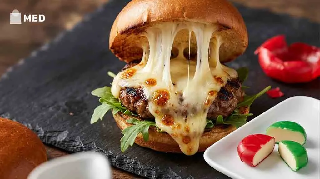 Burger topped with melted cheese, showing creative cheese use in cooking.
