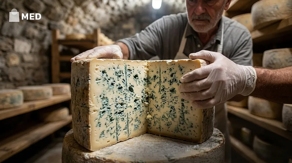 Gorgonzola cheese wheel cut open showing blue-green mold veins.