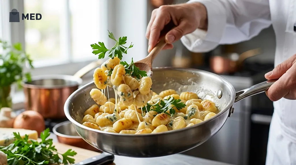 Creamy gnocchi pasta with blue cheese sauce being stirred in a pan.