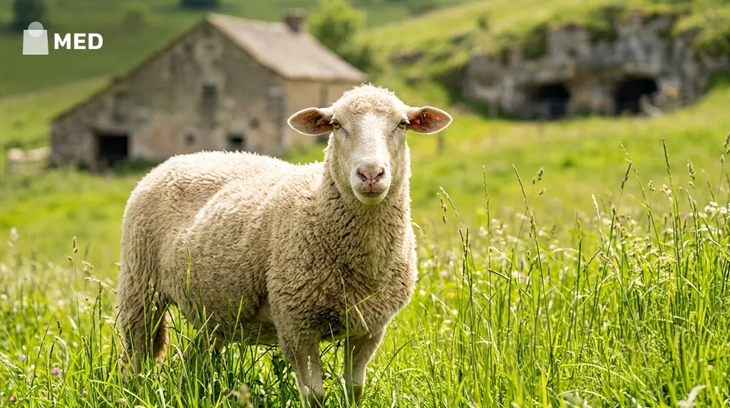 Sheep in a grassy field, source of milk used to make Roquefort cheese.