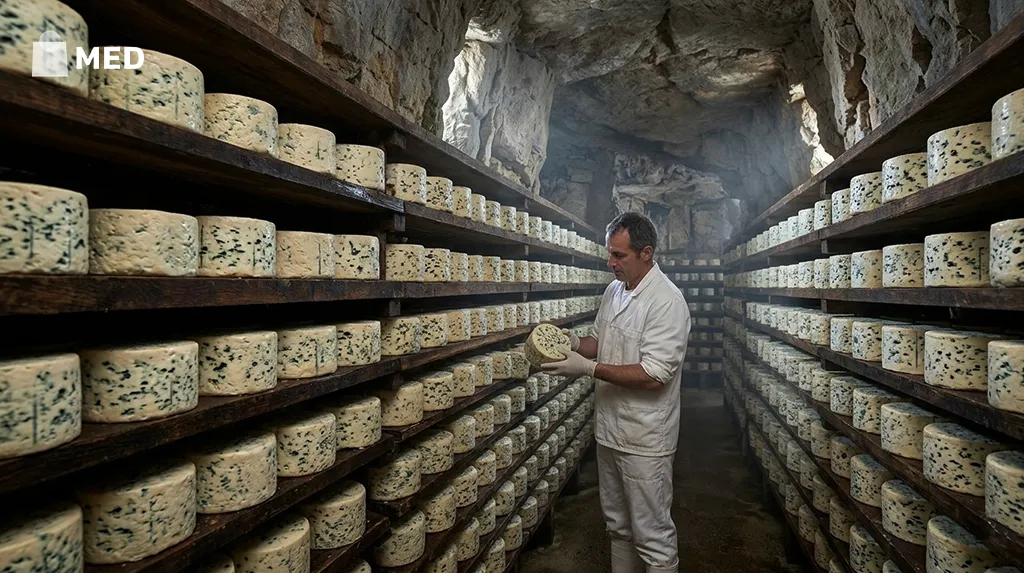 Cheese maker inspecting Roquefort cheese wheels aging in a cave cellar.