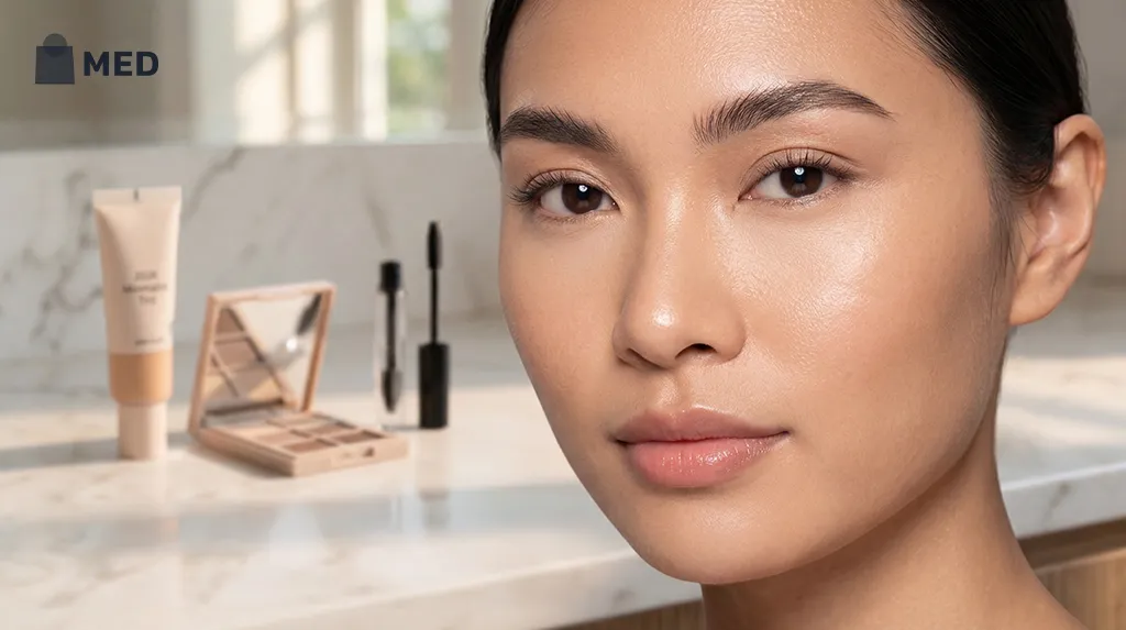 Woman with well-groomed, natural-looking eyebrows and glowing skin.