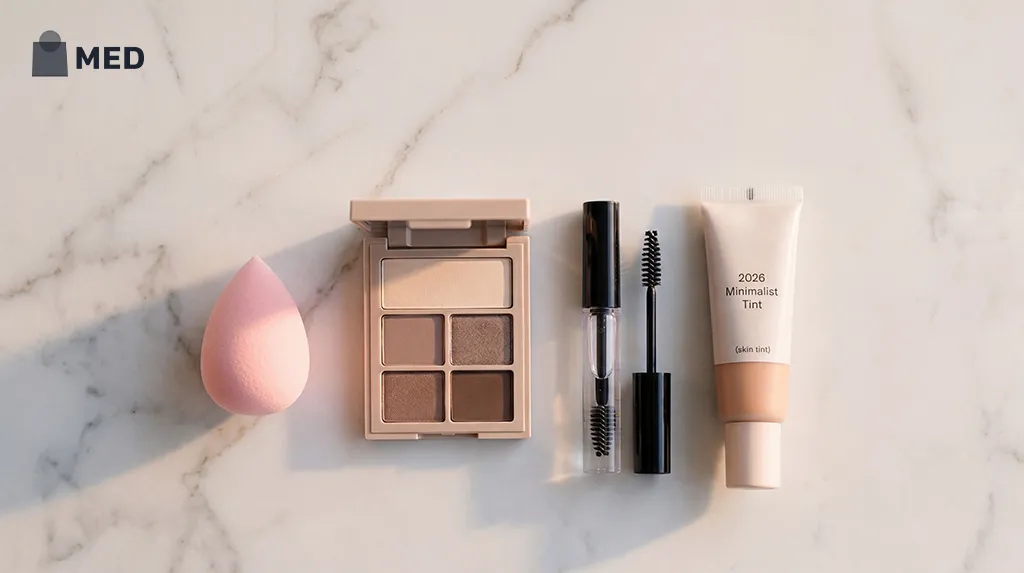 Blush, bronzer palette, makeup sponge, mascara, and tint on marble surface.