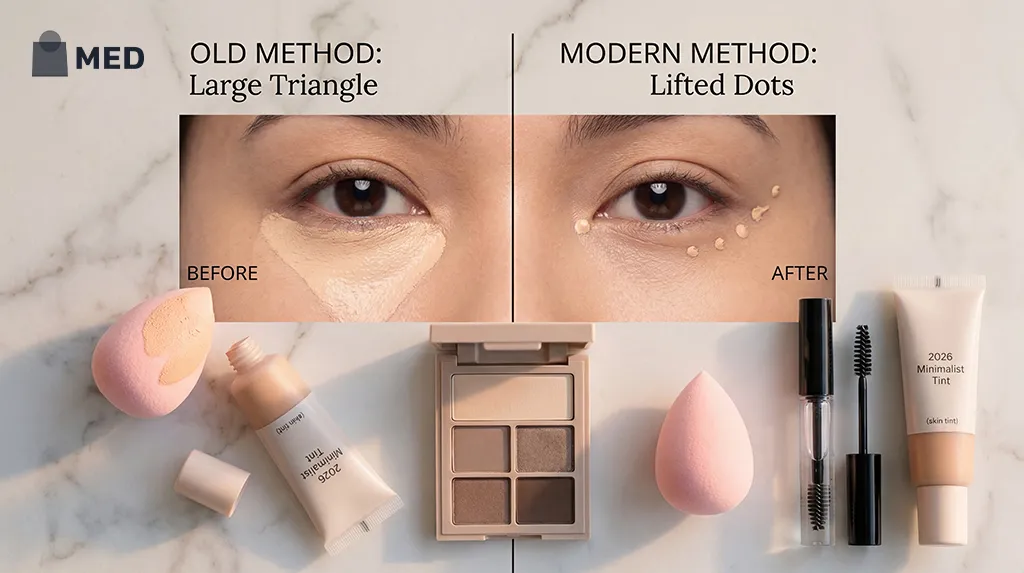 Before-and-after under-eye concealer techniques with makeup tools and products displayed.