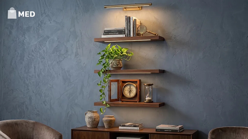 Modern wall shelves with books, plant, clock, and decorative items in a stylish interior.