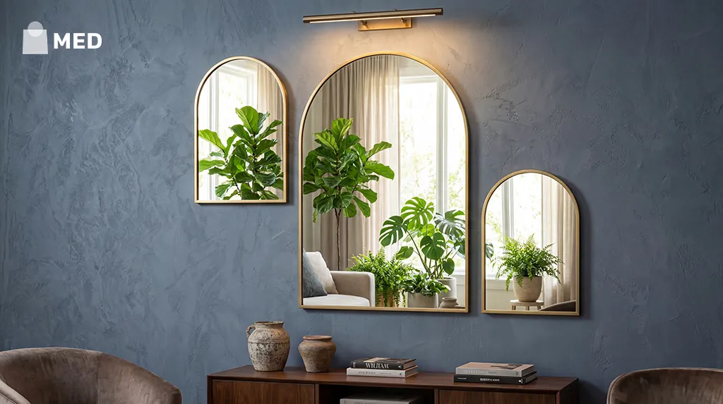 Decorative mirrors reflecting plants and natural light in a modern living space.
