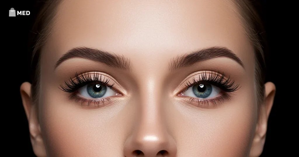 Front view of eyes with defined liner and lashes creating an open-eye effect.