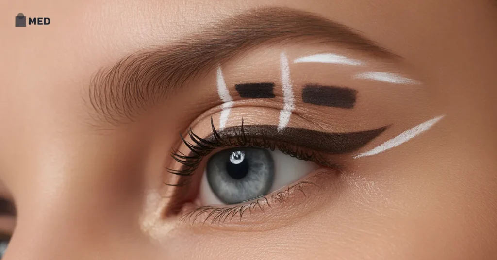 Eye with mapped bat-wing eyeliner technique using guide lines for precision.