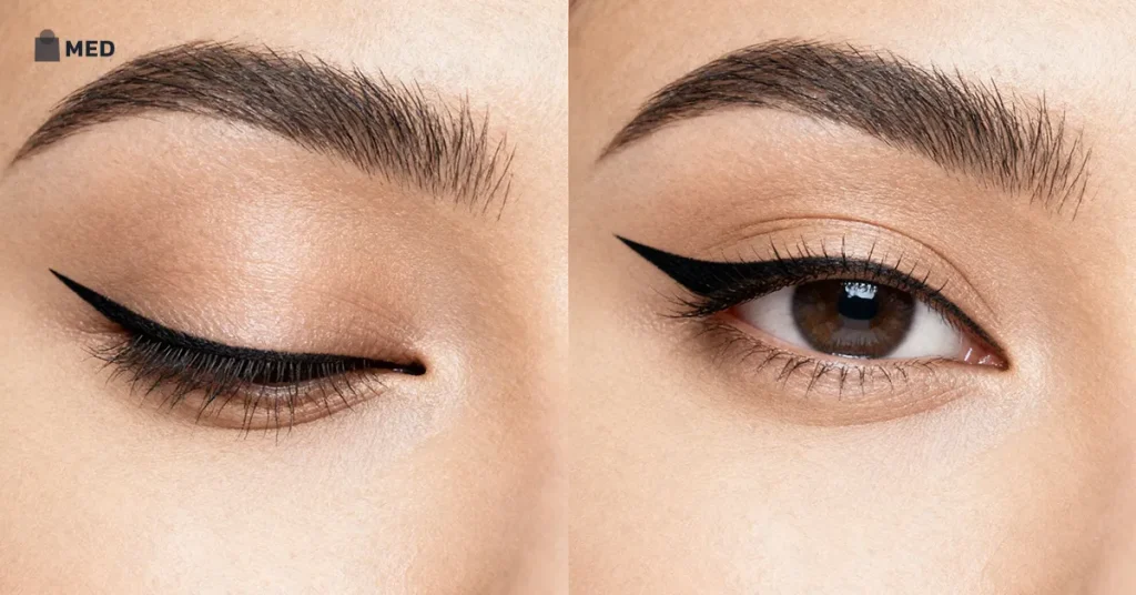 Close-up of eye with winged eyeliner showing lashes and defined eyelid.