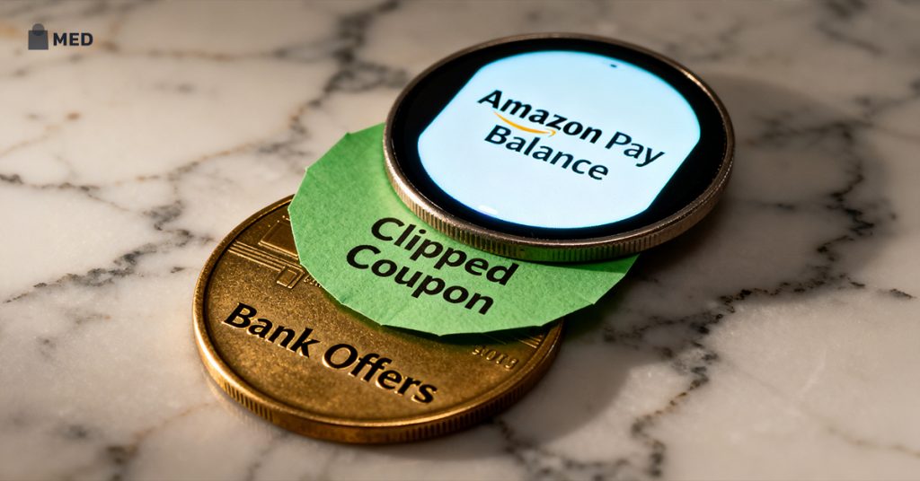Coins labeled Amazon Pay balance, clipped coupon, and bank offers stacked together.