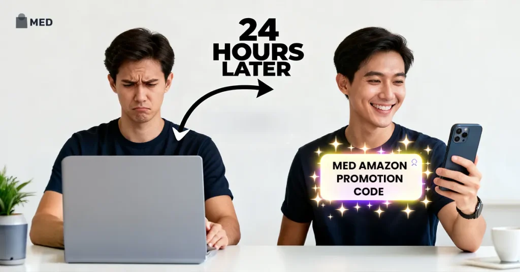 Man frustrated at laptop, then happy later using phone with Amazon promo code.