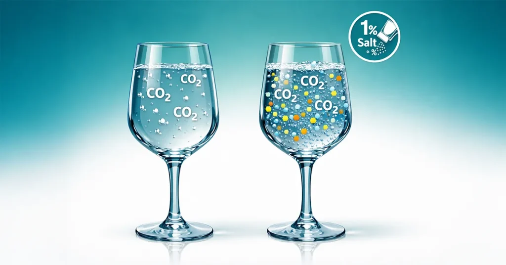 Two glasses of carbonated water showing CO2 bubbles, one with added salt particles.