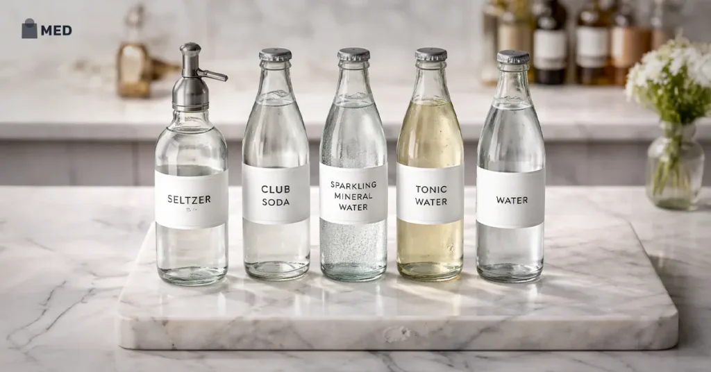 **Alt text:**
Bottles labeled seltzer, club soda, sparkling mineral water, tonic water, and still water.
