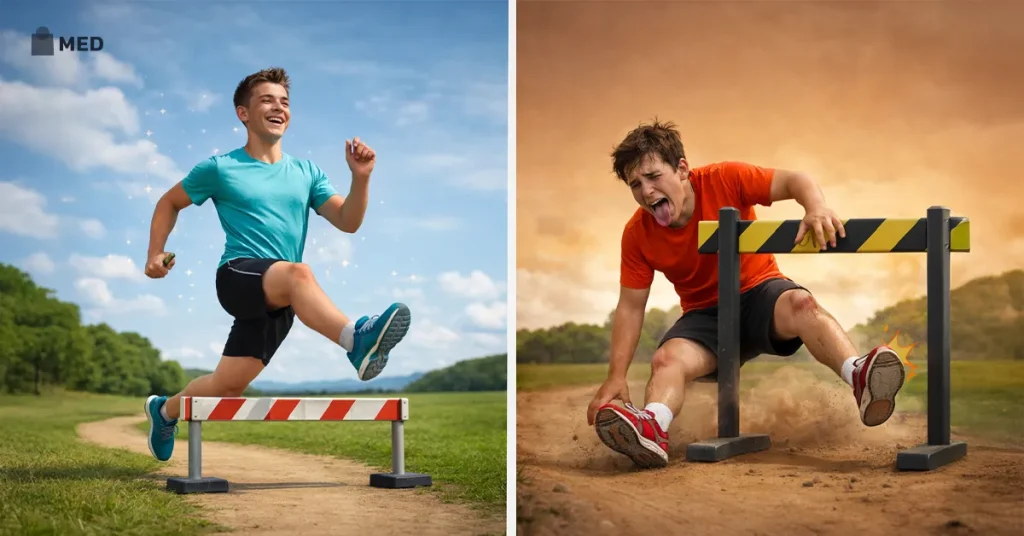 Man easily clears hurdle vs. man stumbling, symbolizing healthy vs. unhealthy hydration choices.