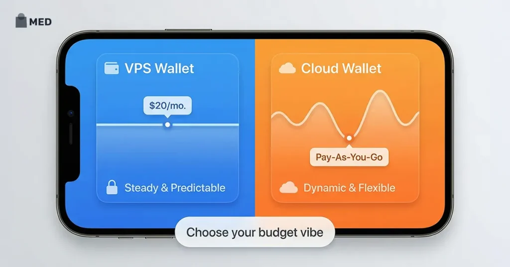 VPS vs cloud hosting cost comparison showing fixed pricing versus pay as you go model