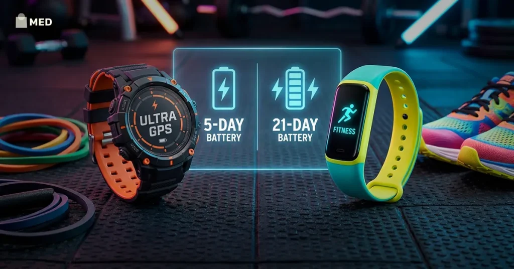 Smartwatch vs fitness band comparison showing battery life and fitness tracking features in 2026