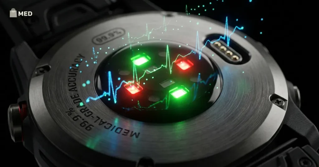 Close-up of smartwatch heart rate sensor showing advanced health tracking technology