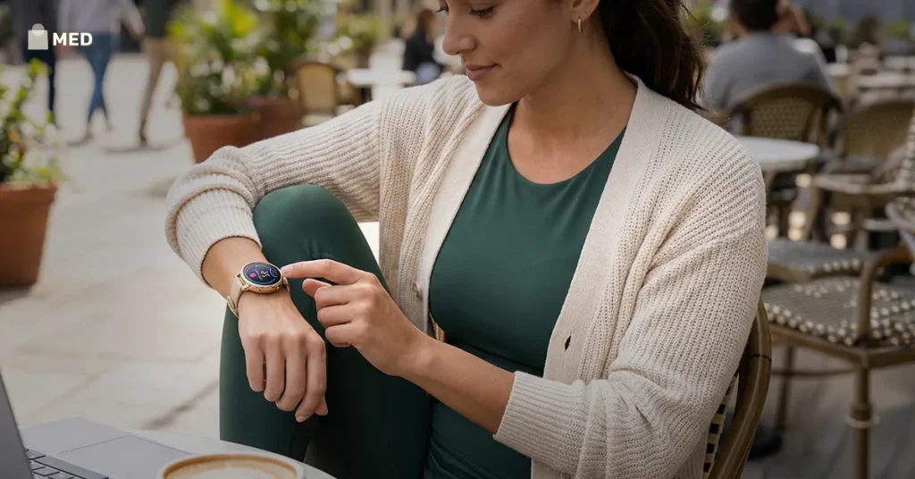 Woman using smartwatch for fitness tracking and daily lifestyle monitoring