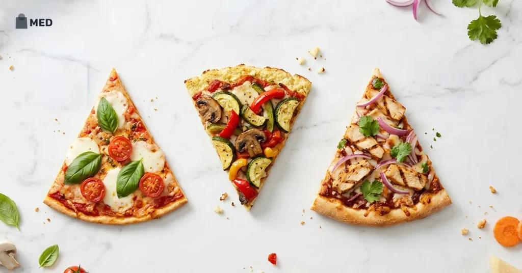 Variety of classic frozen pizza slices including margherita, vegetable, and chicken toppings representing popular frozen pizza brands.