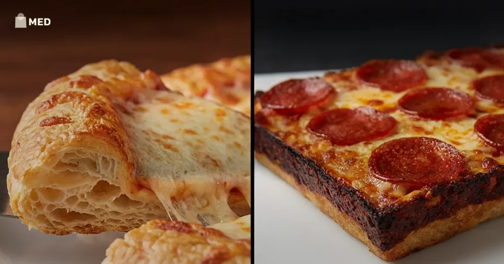 Close-up of Detroit-style frozen pizza with thick crispy crust and caramelized cheese edges alongside a cheesy deep-dish slice