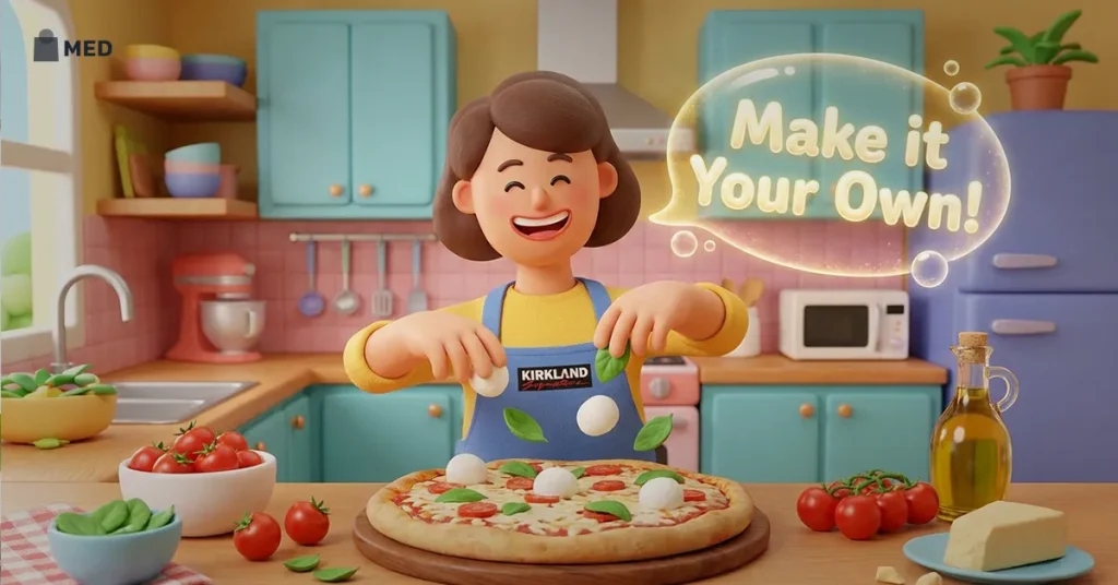 Person customizing a homemade pizza with fresh toppings, illustrating store-bought frozen pizza as a customizable base